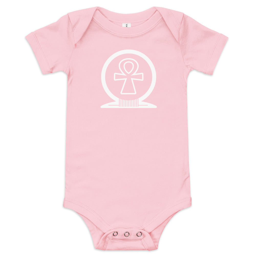 Shen Ankh Symbol Baby Short Sleeve One Piece – White | ABO-012