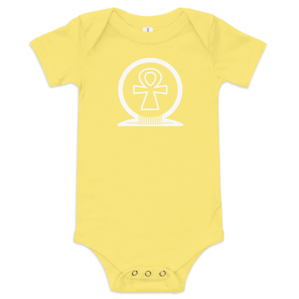 Shen Ankh Symbol Baby Short Sleeve One Piece – White | ABO-012